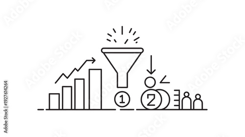 A simple black and white illustration of a funnel and bar graph with people