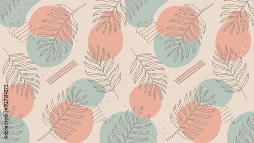 A vibrant and colorful illustration of leaves and circles in a repeating pattern on a soft background