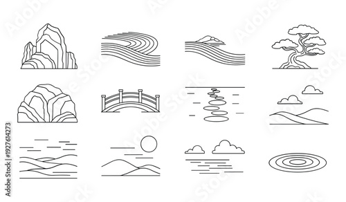 Minimalist line of mountains landscapes and water waves ocean