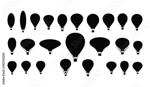 Collection of black and white hot air balloon silhouettes in various shapes and sizes balloons