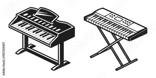 Two electronic keyboards on stands in a side by side comparison. Vector