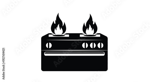 Black silhouette of a gas stove with two burners and flames