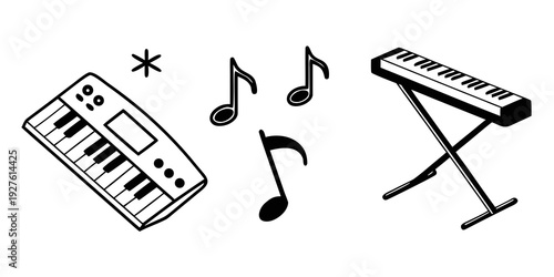 Musical instruments including a keyboard, sheet music, and a stand. Vector