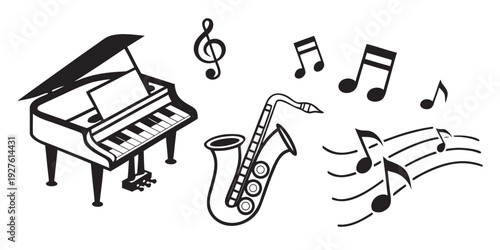 Musical instruments including a piano and saxophone with musical notes. Vector