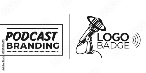 Podcast branding logo badge design featuring a microphone and sound waves Vector