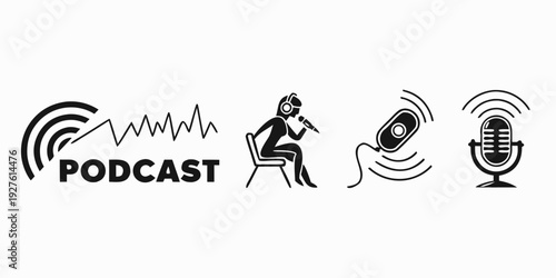 Illustration depicting the concept of podcasting with a microphone and sound waves Vector