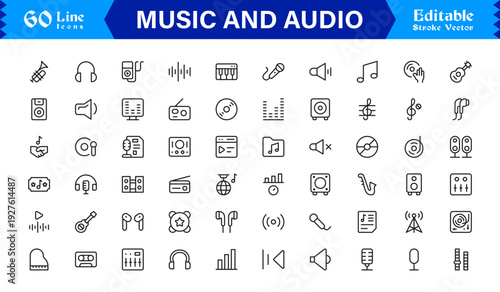 Music & Audio icon set,Creative Sound Design Audio & Music Line Icon Pack – Modern, Clean, Vector-Based Graphics.