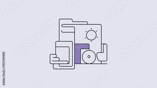 A modern graphic design of various devices and gadgets in a minimalist purple and black line art style