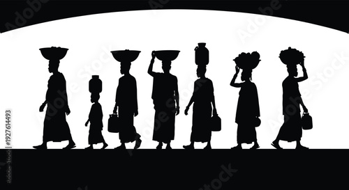 African village women silhouette carrying water pots on heads, traditional rural community life black vector illustrationAfrican village women silhouette carrying 