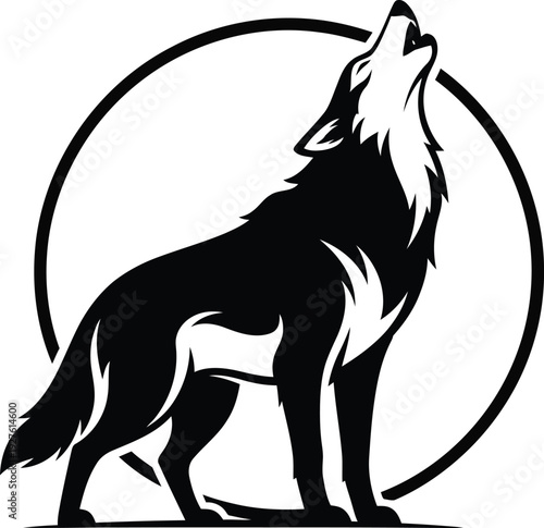 A black and white illustration of a wolf howling at the moon