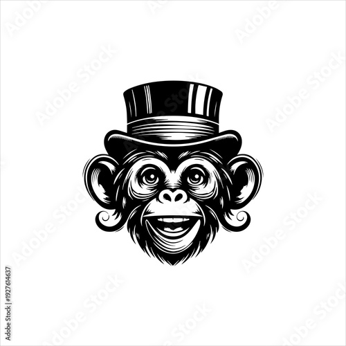 Circus monkey silhouette arranged as a playful black vector emblem design. Entertainment animal concept
