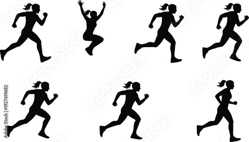 Female runner silhouettes set, woman running and jumping poses, fitness training activity, isolated vector illustration, athletic sport action collection