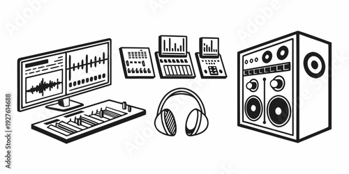A collection of audio equipment including speakers, headphones, and a mixing console. Vector
