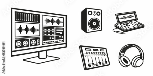 Diverse audio equipment arranged in a modern studio setting Vector