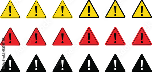 Warning Triangle Icons Set with Exclamation Marks in Yellow Red and Black, Safety Alert Hazard and Caution Symbols Collection Flat Vector Illustration