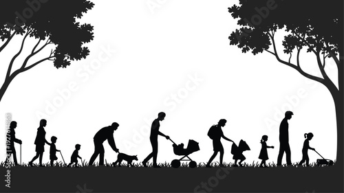 Family life cycle silhouettes collection vector illustration, parents children walking with stroller isolated design set