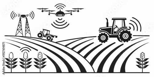 Agricultural innovation with drones and tractors in a modern farm setting Vector