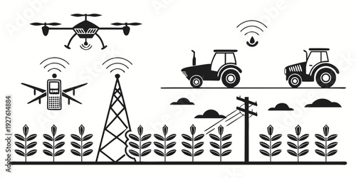 Modern agriculture utilizing drones and advanced technology for crop monitoring and management Vector
