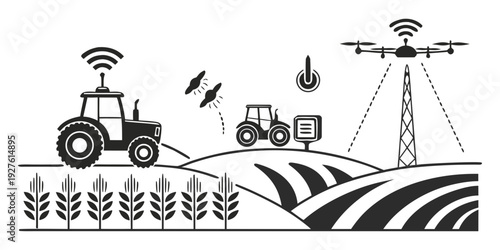 Modern agricultural machinery and technology in a field with crops and wireless communication. Vector