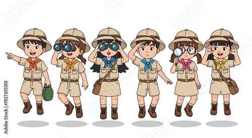 Group of cheerful children dressed in safari or explorer outfits with various gear and poses