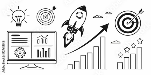 Illustration of business growth with charts, a rocket, and targets Vector