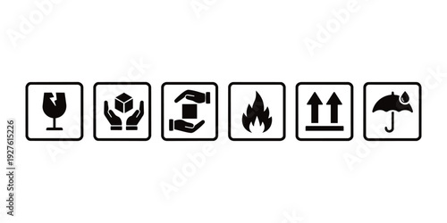 Collection of six universal shipping and handling symbol icons for packaging safety information