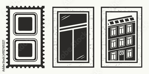 A collection of three distinct architectural structures showcasing modern design elements Vector