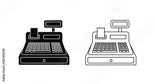 Two black and white depictions of a classic cash register design