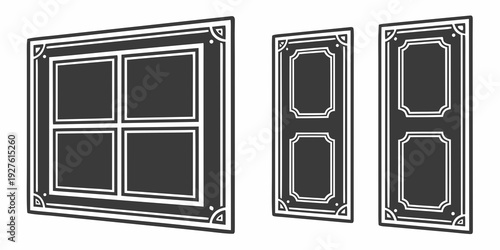 A drawing of a window with four panes and a door with two panes. Vector
