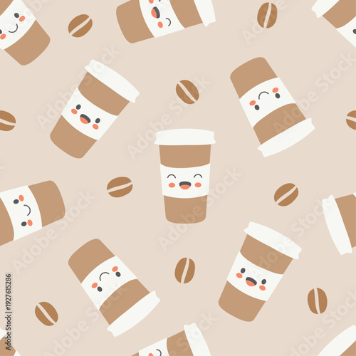 Seamless Cute Coffee Cup Pattern – Adorable Cartoon Mug Repeat Background for Café, Kitchen Textile, Fabric, Wrapping Paper & Packaging Design