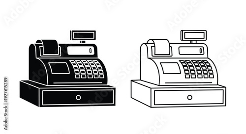 Two vintage cash registers in black and white line art style