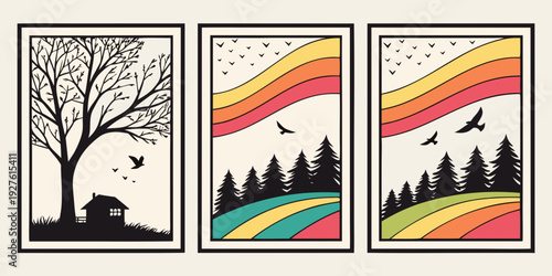 Three distinct images representing a tree, a forest, and a mountain landscape Vector