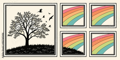 A tree with colorful leaves and a rainbow pattern in the background. Vector