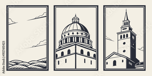 Three distinct architectural structures showcasing diverse historical buildings Vector