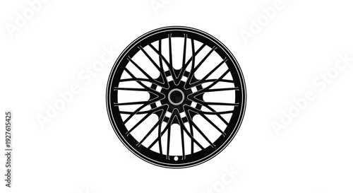 Black and white illustration of a modern car wheel on a white background