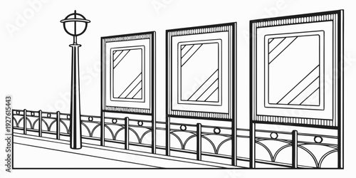 A row of windows with curtains overlooking a street with a lamp post. Vector