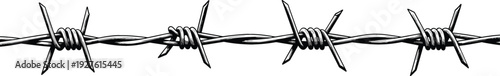 Barbed Wire Fence Illustration in Black and White, Sharp Metal Security Barrier Border Design for Danger Warning and Restricted Area Concept Vector