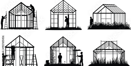 Greenhouse construction and gardening silhouettes vector illustration, glass house building process set
