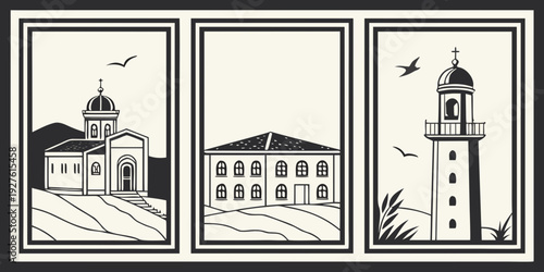 Three vintage buildings with distinct architectural styles and features. Vector