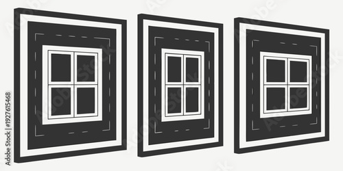 Three identical black and white square windows on a white background Vector