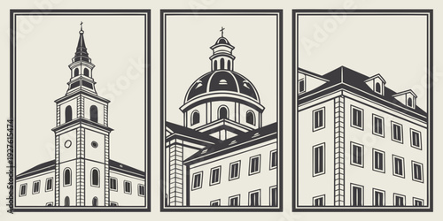 Three distinct architectural buildings showcasing unique historical designs and structures Vector