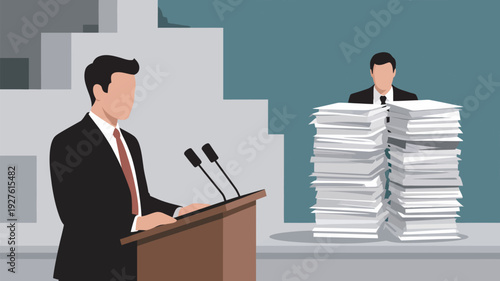 A businessman stands at a podium with two microphones speaking in front of a large stack of papers and another man