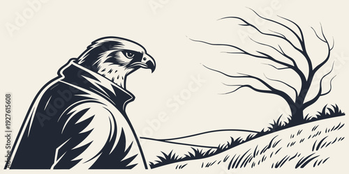 A man with a beard and a hat looking at a bird on a branch. Vector