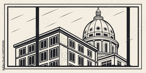 A detailed illustration of a large building with a dome and a clock tower. Vector