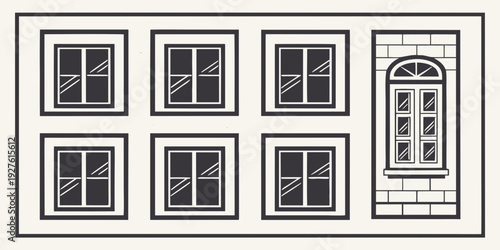 A row of seven windows with a door on the side of a building Vector