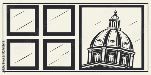 A building with a dome and four windows on the side of a wall Vector