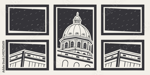 Four distinct architectural structures depicted in a black and white line drawing Vector