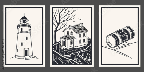 A serene seaside scene featuring a lighthouse, a quaint house, and a vintage camera. Vector