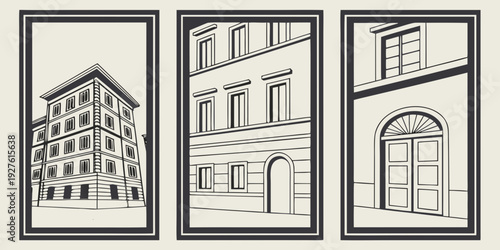 Illustration of various building types including a house, apartment, and office Vector