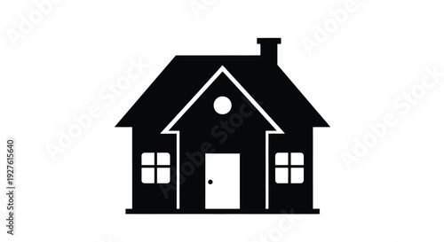 Simple black silhouette of a house with a chimney and windows